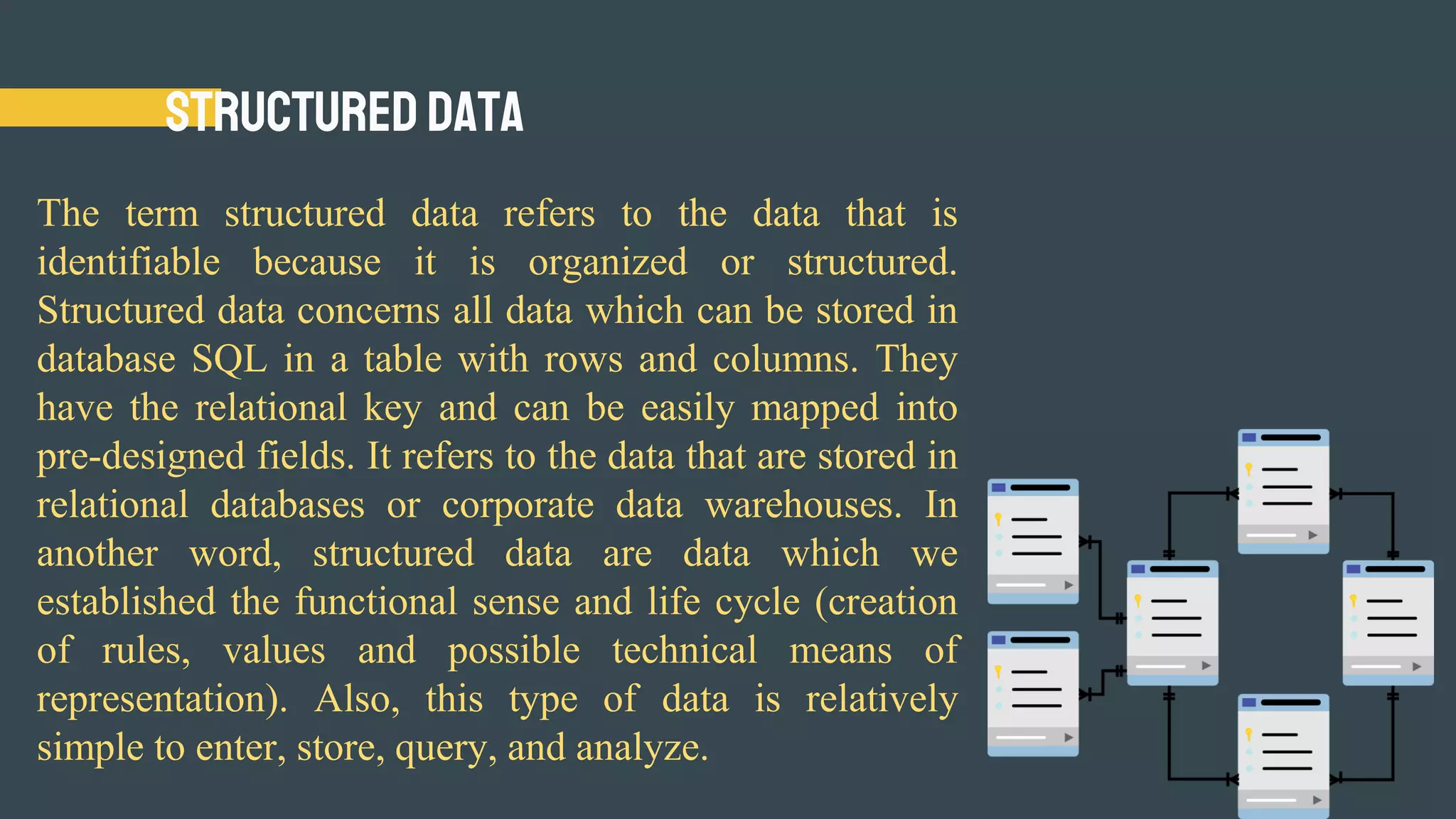Structured Data
The term structured data refers to the data that is
identifiable because it is organized or structured.
Structured data concerns all data which can be stored in
database SQL in a table with rows and columns. They
have the relational key and can be easily mapped into
pre-designed fields. It refers to the data that are stored in
relational databases or corporate data warehouses. In
another word, structured data are data which we
established the functional sense and life cycle (creation
of rules, values and possible technical means of
representation). Also, this type of data is relatively
simple to enter, store, query, and analyze.
 