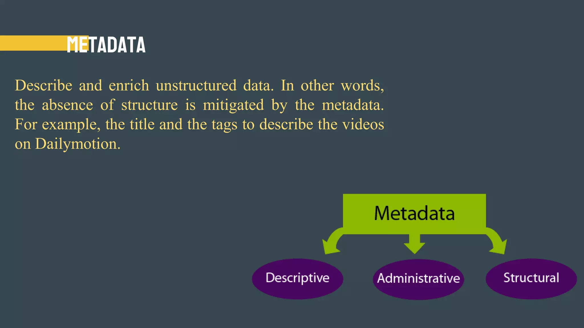 Metadata
Describe and enrich unstructured data. In other words,
the absence of structure is mitigated by the metadata.
For example, the title and the tags to describe the videos
on Dailymotion.
 