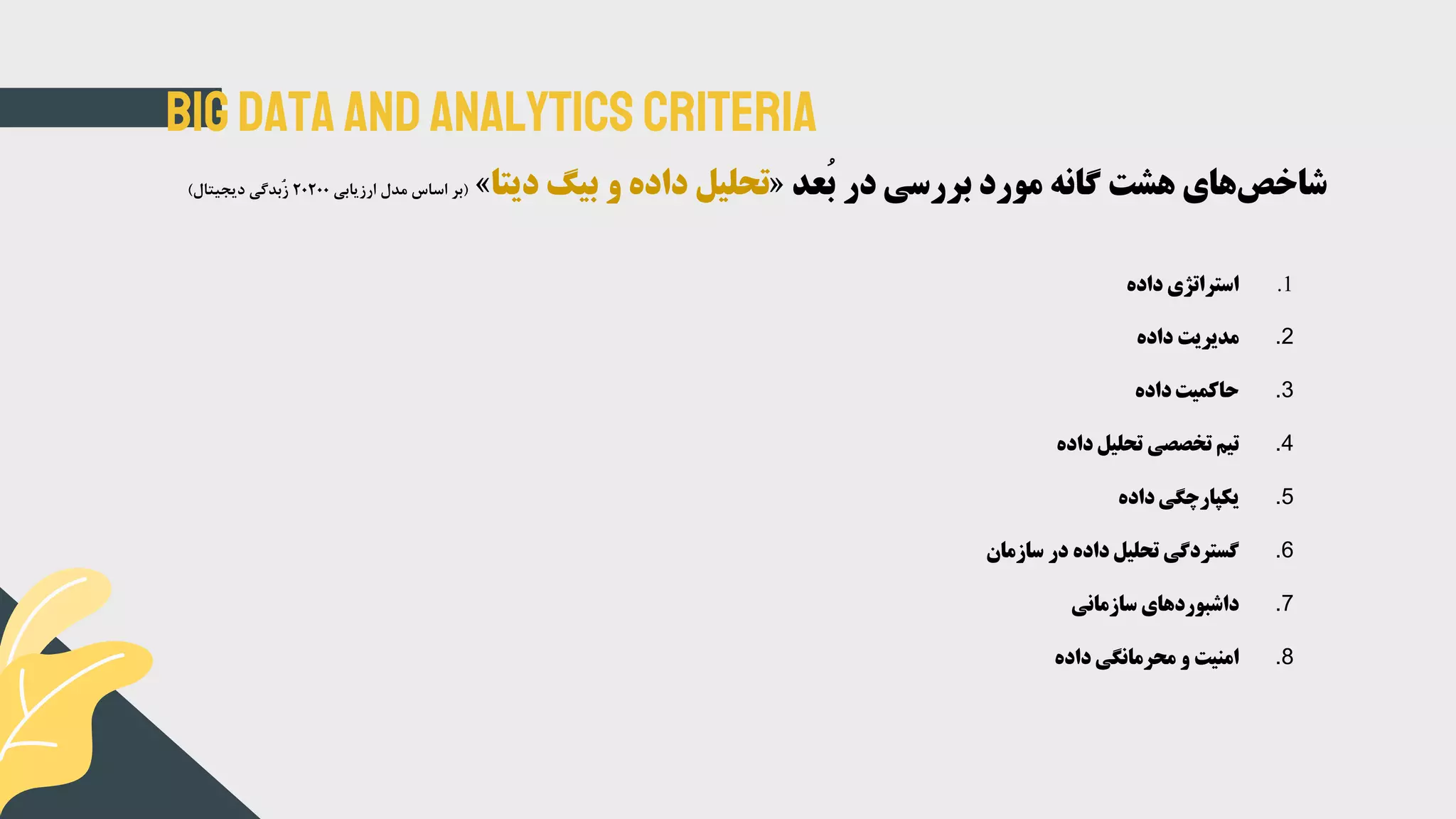 bigdata and analytics criteria
‫های‬‫شاخص‬‫هشت‬‫گانه‬‫مورد‬‫بررسی‬‫در‬‫ُعد‬‫ب‬«‫تحلیل‬‫داده‬‫و‬‫بیگ‬‫دیتا‬»(‫بر‬‫اساس‬‫مدل‬‫ارزیابی‬20200‫ُبدگی‬‫ز‬‫دیجیتال‬)
.1‫استراتژی‬‫داده‬
.2‫مدیریت‬‫داده‬
.3‫حاکمیت‬‫داده‬
.4‫تیم‬‫تخصصی‬‫تحلیل‬‫داده‬
.5‫یکپارچگی‬‫داده‬
.6‫گستردگی‬‫تحلیل‬‫داده‬‫در‬‫سازمان‬
.7‫داشبوردهای‬‫سازمانی‬
.8‫امنیت‬‫و‬‫محرمانگی‬‫داده‬
 