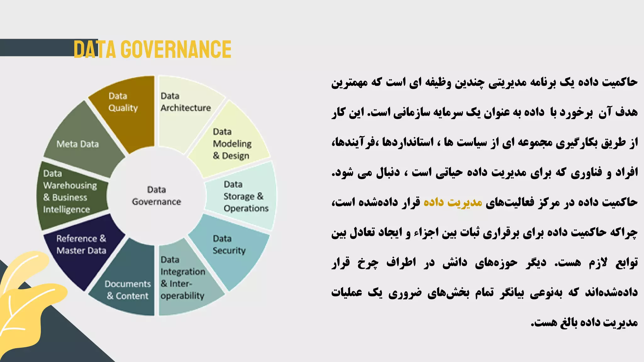 Data Governance
‫حاکمیت‬‫داده‬‫یک‬‫برنامه‬‫مدیریتی‬‫چندین‬‫وظیفه‬‫ای‬‫است‬‫که‬‫مه‬‫مترین‬
‫هدف‬‫آن‬‫برخورد‬‫با‬‫داده‬‫به‬‫عنوان‬‫یک‬‫سرمایه‬‫سازمانی‬‫است‬.‫این‬‫کار‬
‫از‬‫طریق‬‫بکارگیری‬‫مجموعه‬‫ای‬‫از‬‫سیاست‬‫ها‬،‫استانداردها‬‫،فرآی‬،‫ندها‬
‫افراد‬‫و‬‫فناوری‬‫که‬‫برای‬‫مدیریت‬‫داده‬‫حیاتی‬‫است‬،‫دنبال‬‫می‬‫شو‬‫د‬.
‫حاکمیت‬‫داده‬‫در‬‫مرکز‬‫های‬‫فعالیت‬‫مدیریت‬‫داده‬‫قرار‬‫شده‬‫داده‬‫است‬،
‫چراکه‬‫حاکمیت‬‫داده‬‫برای‬‫برقراری‬‫ثبات‬‫بین‬‫اجزاء‬‫و‬‫ایجاد‬‫تعادل‬‫بین‬
‫توابع‬‫الزم‬‫هست‬.‫دیگر‬‫های‬‫حوزه‬‫دانش‬‫در‬‫اطراف‬‫چرخ‬‫قرار‬
‫اند‬‫شده‬‫داده‬‫که‬‫نوعی‬‫به‬‫بیانگر‬‫تمام‬‫های‬‫بخش‬‫ضروری‬‫یک‬‫عملی‬‫ات‬
‫مدیریت‬‫داده‬‫بالغ‬‫هست‬.
 