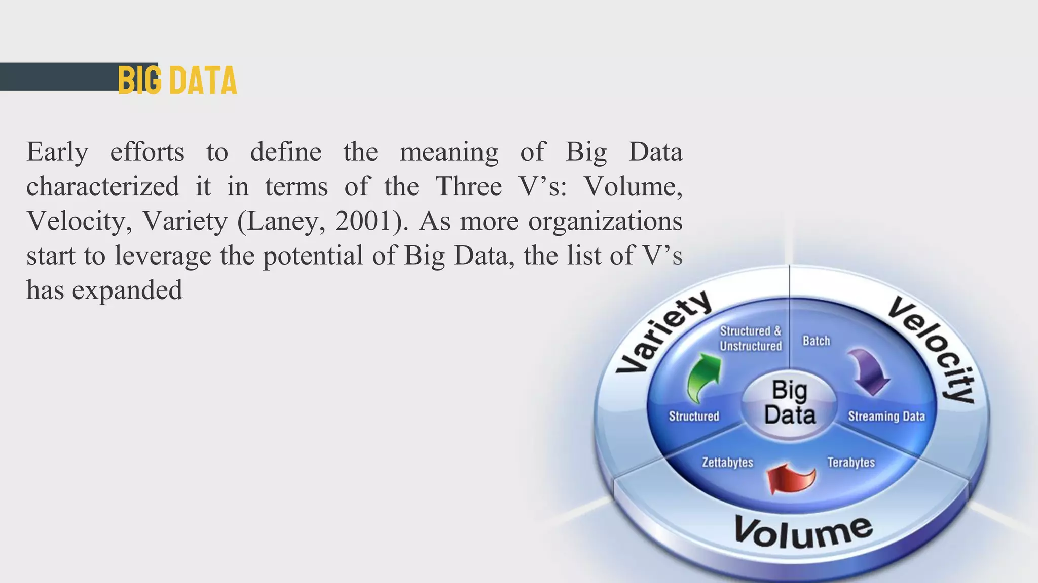 BIGDATA
Early efforts to define the meaning of Big Data
characterized it in terms of the Three V’s: Volume,
Velocity, Variety (Laney, 2001). As more organizations
start to leverage the potential of Big Data, the list of V’s
has expanded
 