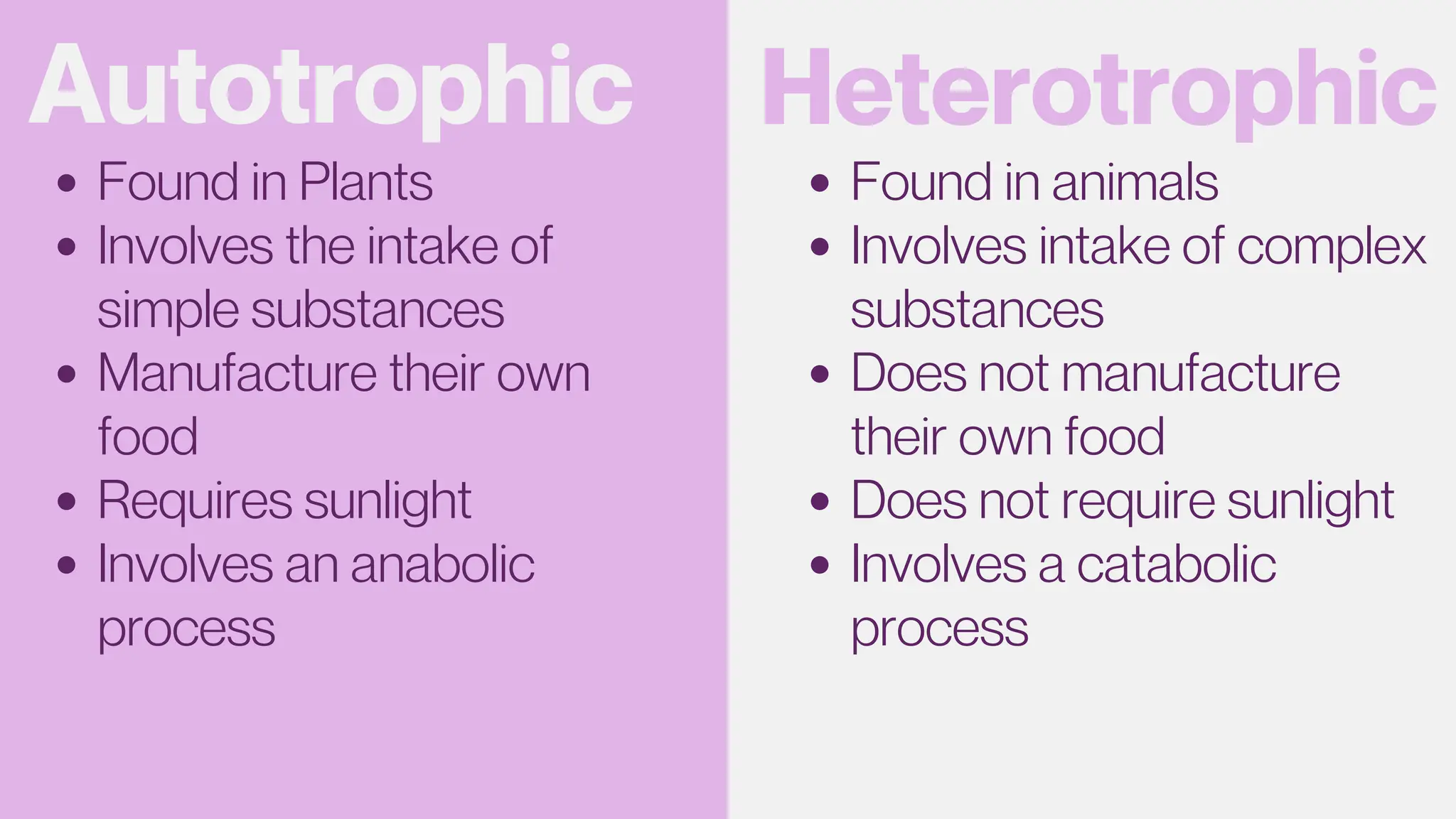Autotrophic
Found in Plants
Involves the intake of
simple substances
Manufacture their own
food
Requires sunlight
Involves an anabolic
process
Heterotrophic
Found in animals
Involves intake of complex
substances
Does not manufacture
their own food
Does not require sunlight
Involves a catabolic
process
 