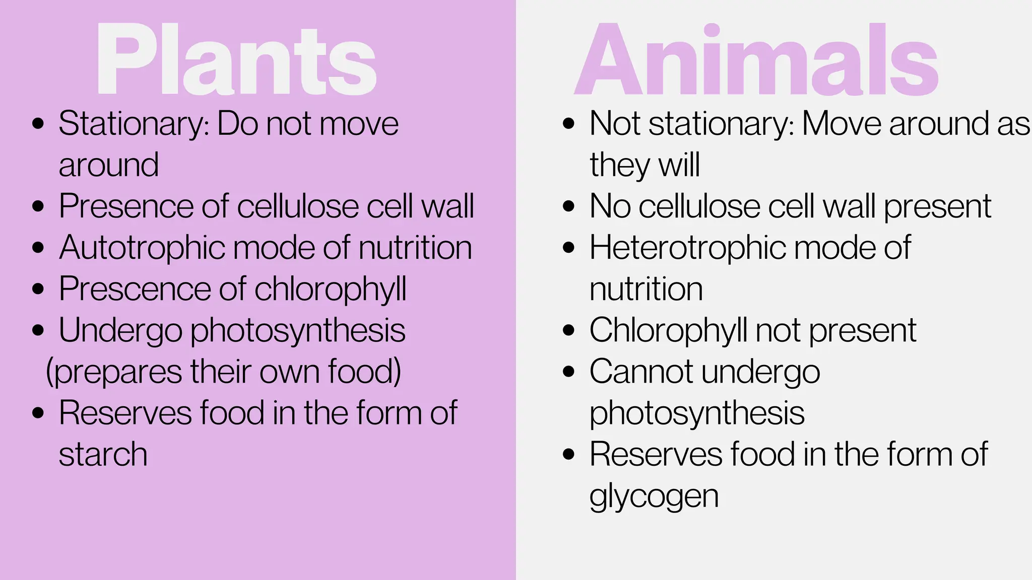 Plants Animals
Stationary: Do not move
around
Presence of cellulose cell wall
Autotrophic mode of nutrition
Prescence of chlorophyll
Undergo photosynthesis
(prepares their own food)
Reserves food in the form of
starch
Not stationary: Move around as
they will
No cellulose cell wall present
Heterotrophic mode of
nutrition
Chlorophyll not present
Cannot undergo
photosynthesis
Reserves food in the form of
glycogen
 