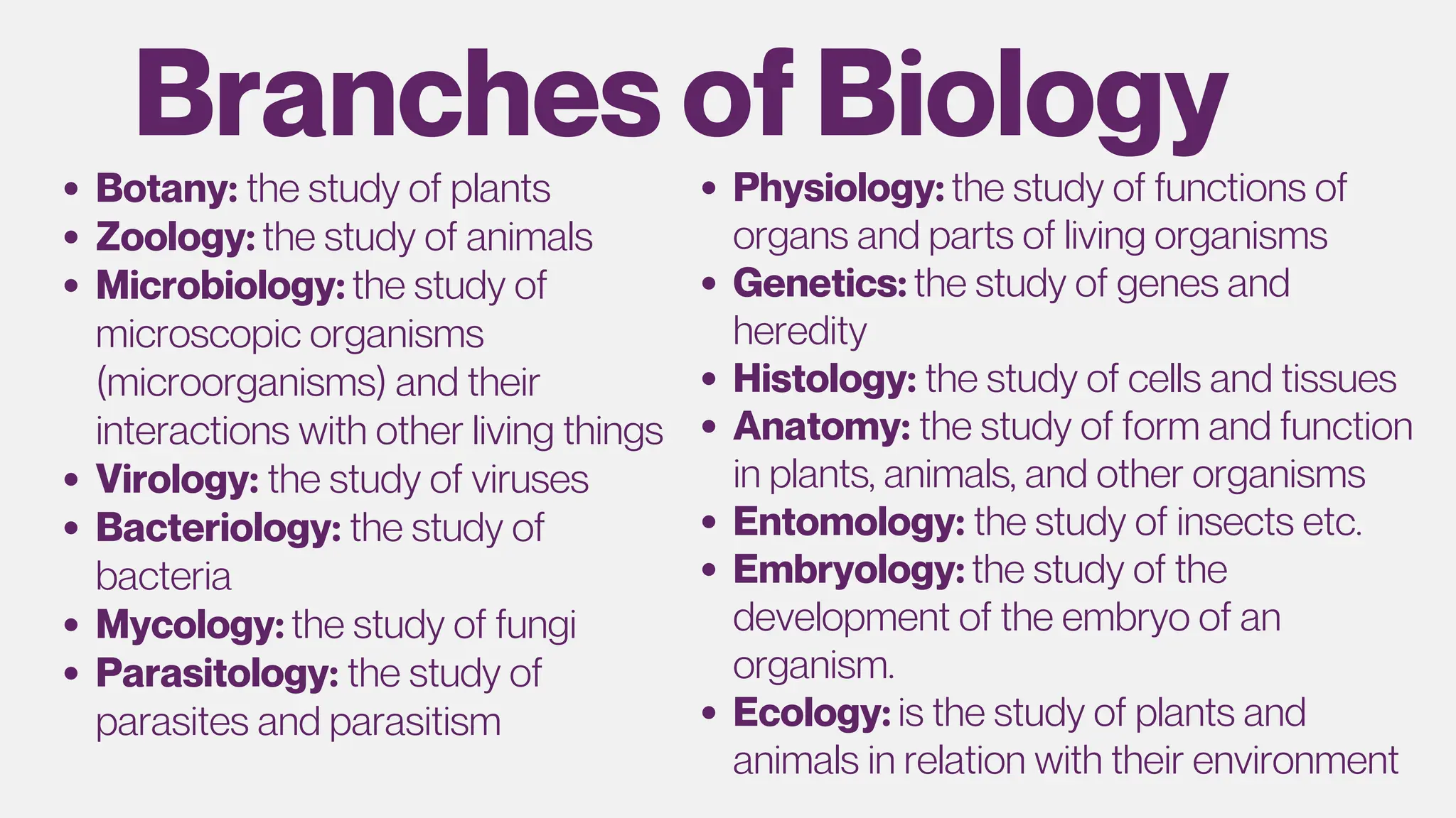 Branches of Biology
Botany: the study of plants
Zoology: the study of animals
Microbiology: the study of
microscopic organisms
(microorganisms) and their
interactions with other living things
Virology: the study of viruses
Bacteriology: the study of
bacteria
Mycology: the study of fungi
Parasitology: the study of
parasites and parasitism
Physiology: the study of functions of
organs and parts of living organisms
Genetics: the study of genes and
heredity
Histology: the study of cells and tissues
Anatomy: the study of form and function
in plants, animals, and other organisms
Entomology: the study of insects etc.
Embryology: the study of the
development of the embryo of an
organism.
Ecology: is the study of plants and
animals in relation with their environment
 