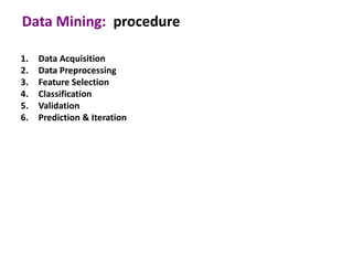 Data Mining: procedure

1.   Data Acquisition
2.   Data Preprocessing
3.   Feature Selection
4.   Classification
5.   Validation
6.   Prediction & Iteration
 