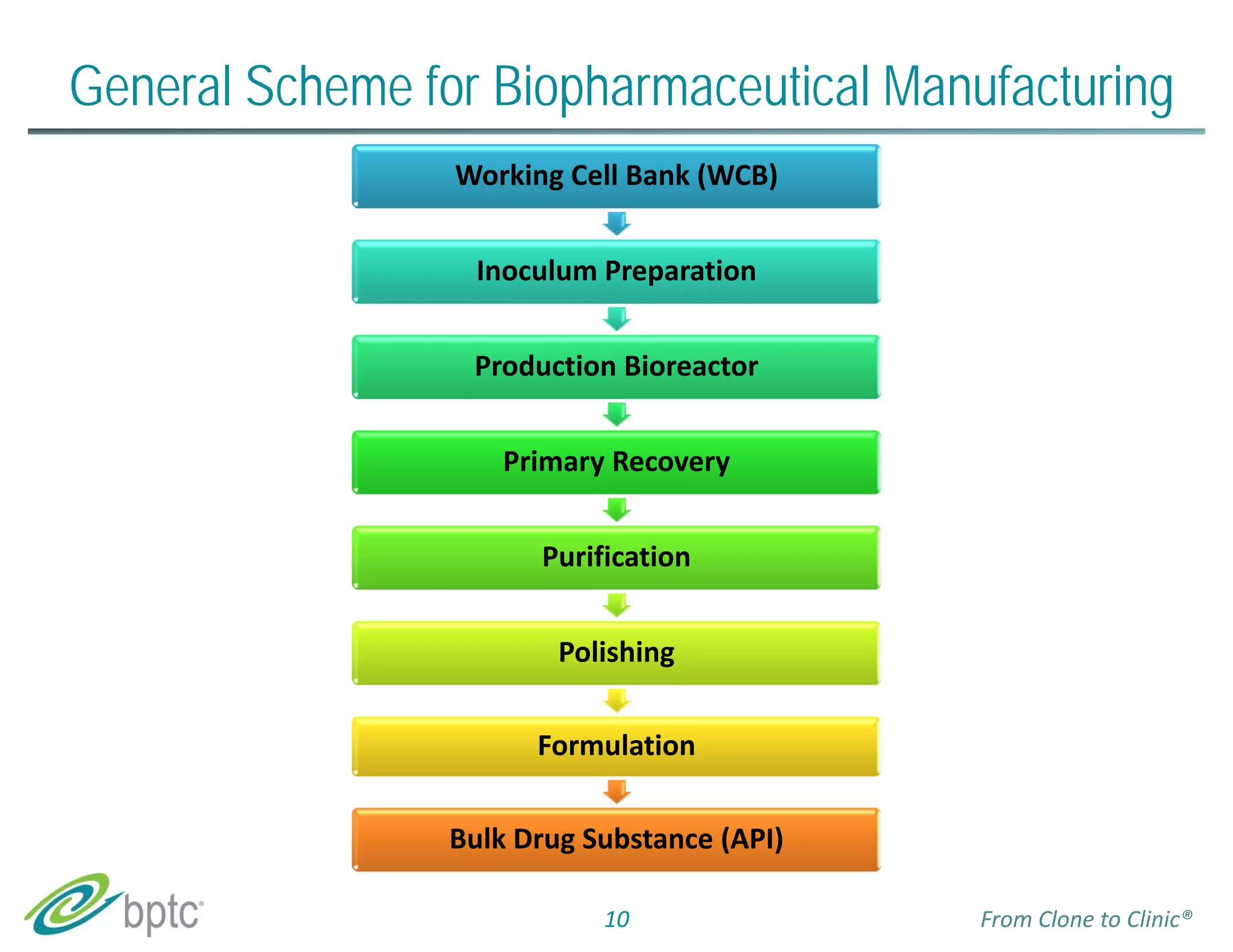 General Scheme for Biopharmaceutical Manufacturing 
Working Cell Bank (WCB) 
Inoculum Preparation 
Production Bioreactor 
Primary Recovery 
Purification 
Polishing 
Formulation 
Bulk Drug Substance (API) 
10 From Clone to Clinic® 
 