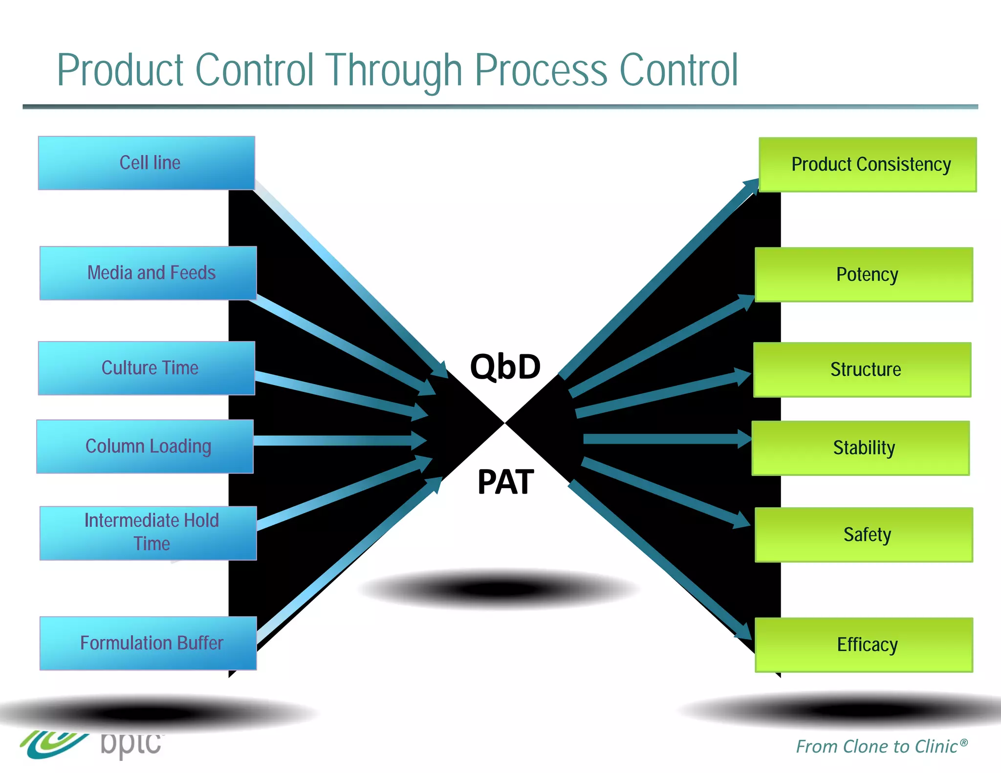 Product Consistency 
Potency 
Structure 
Stability 
Safety 
Efficacy 
Product Control Through Process Control 
Cell line 
Media and Feeds 
Culture Time 
Column Loading 
Intermediate Hold 
Time 
Formulation Buffer 
QbD 
PAT 
From Clone to Clinic® 
 
