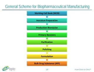General Scheme for Biopharmaceutical Manufacturing 
Working Cell Bank (WCB) 
Inoculum Preparation 
Production Bioreactor 
Primary Recovery 
Purification 
Polishing 
Formulation 
Bulk Drug Substance (API) 
10 From Clone to Clinic® 
 