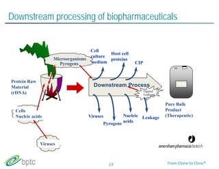 Downstream processing of biopharmaceuticals 
Downstream Process Bulk 
Viruses 
Pyrogens 
Cells 
Nucleic acids 
Viruses 
Cell 
culture 
medium 
Host cell 
proteins 
CIP 
Nucleic 
acids 
Leakage 
Protein Raw 
Material 
(rDNA) 
Pure Bulk 
Product 
(Therapeutic) 
Ligand 
Leakage 
Microorganisms 
Pyrogens 
13 From Clone to Clinic® 
 