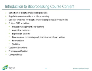 Introduction to Bioprocessing Course Content 
 Definition of biopharmaceutical products 
 Regulatory considerations in bioprocessing 
 General timelines for biopharmaceutical product development 
 Critical CMC activities: 
• Project management and tracking 
• Analytical methods 
• Expression systems 
• Downstream processing and viral clearance/inactivation 
• Formulation 
• Stability 
 Cost considerations 
 Process qualification 
 Comparability 
4 From Clone to Clinic® 
 
