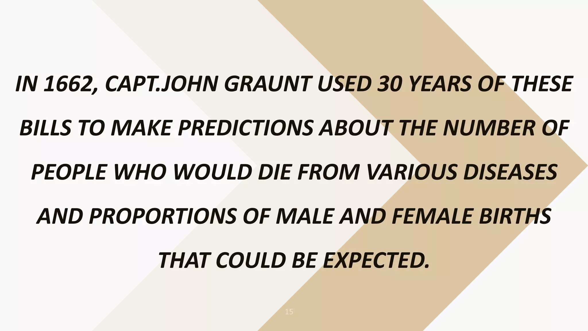 IN 1662, CAPT.JOHN GRAUNT USED 30 YEARS OF THESE
BILLS TO MAKE PREDICTIONS ABOUT THE NUMBER OF
PEOPLE WHO WOULD DIE FROM VARIOUS DISEASES
AND PROPORTIONS OF MALE AND FEMALE BIRTHS
THAT COULD BE EXPECTED.
 