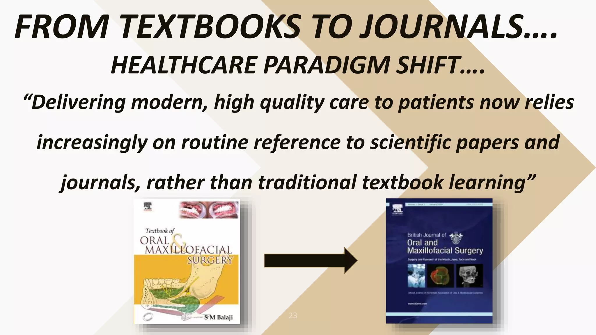 “Delivering modern, high quality care to patients now relies
increasingly on routine reference to scientific papers and
journals, rather than traditional textbook learning”
FROM TEXTBOOKS TO JOURNALS….
HEALTHCARE PARADIGM SHIFT….
 