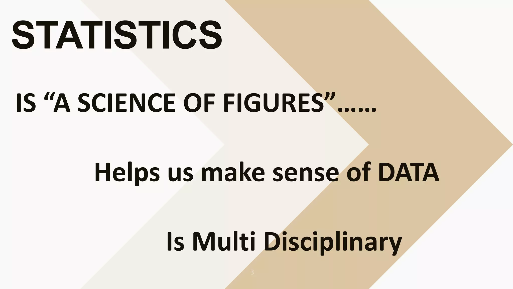 STATISTICS
IS “A SCIENCE OF FIGURES”……
Helps us make sense of DATA
Is Multi Disciplinary
 