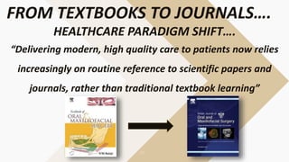“Delivering modern, high quality care to patients now relies
increasingly on routine reference to scientific papers and
journals, rather than traditional textbook learning”
FROM TEXTBOOKS TO JOURNALS….
HEALTHCARE PARADIGM SHIFT….
 