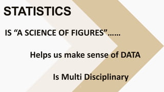 STATISTICS
IS “A SCIENCE OF FIGURES”……
Helps us make sense of DATA
Is Multi Disciplinary
 