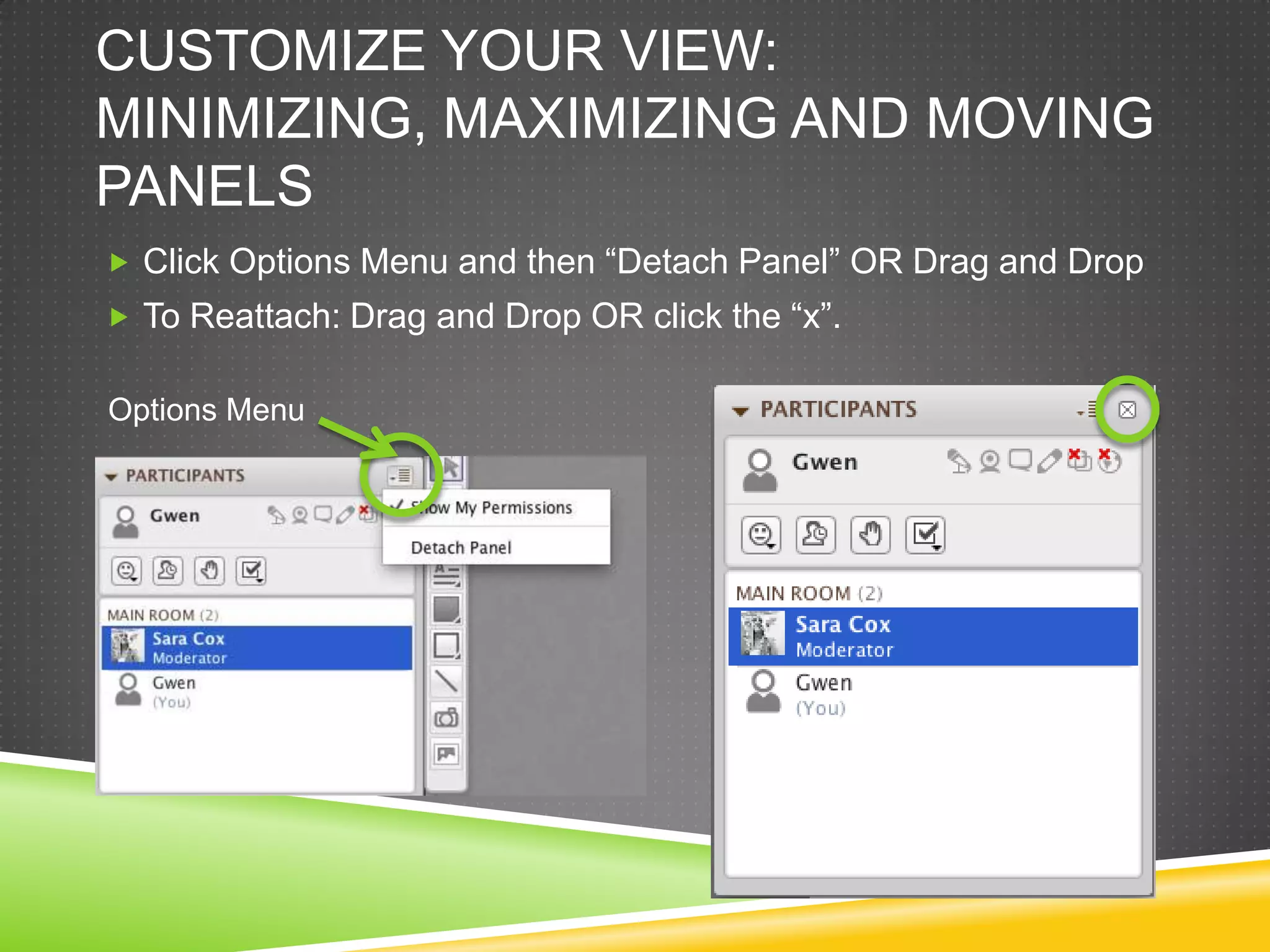 CUSTOMIZE YOUR VIEW:
MINIMIZING, MAXIMIZING AND MOVING
PANELS
 Click Options Menu and then “Detach Panel” OR Drag and Drop
 To Reattach: Drag and Drop OR click the “x”.

Options Menu

 