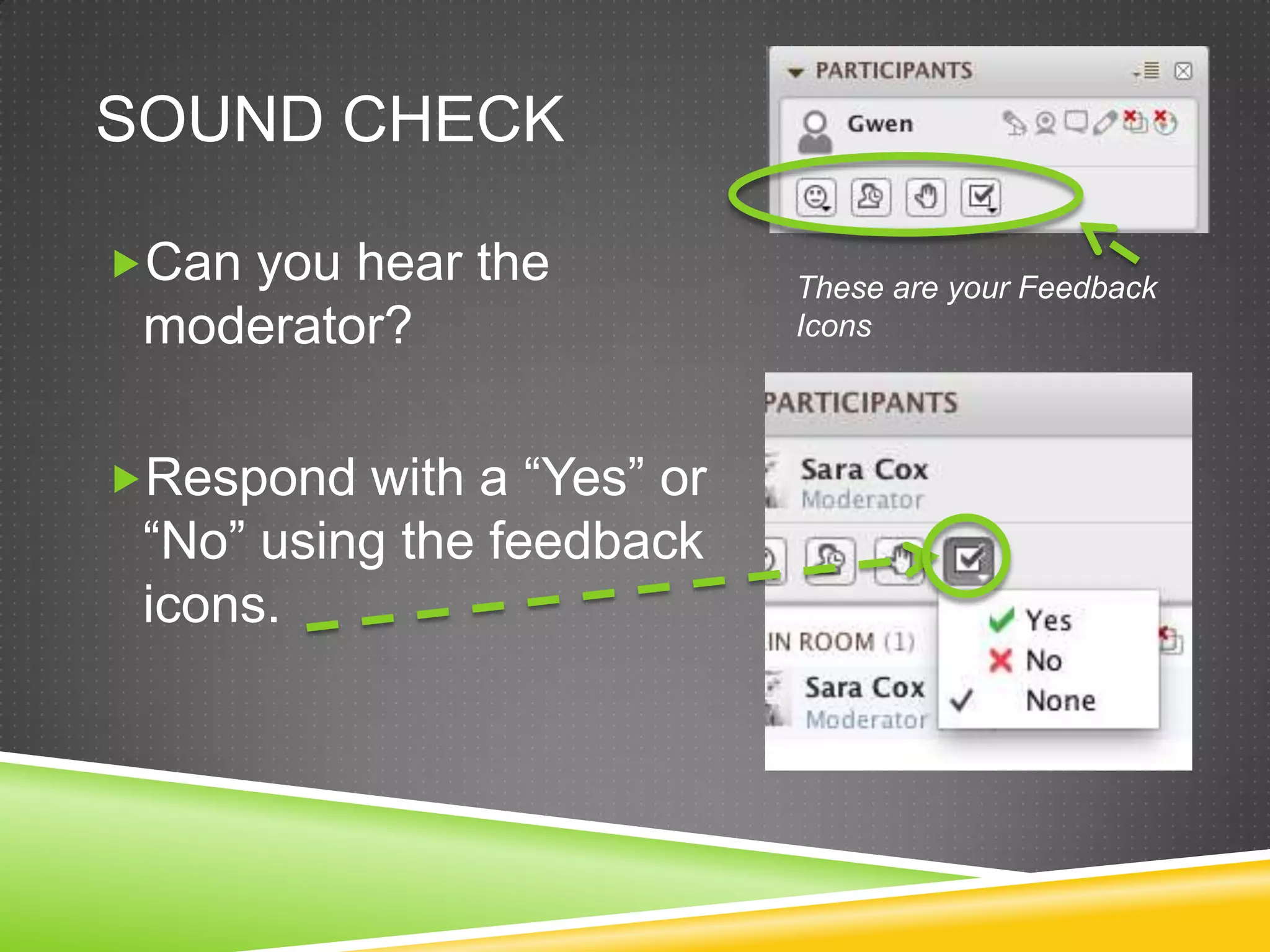 SOUND CHECK
Can you hear the

moderator?
Respond with a “Yes” or

“No” using the feedback
icons.

These are your Feedback
Icons

 