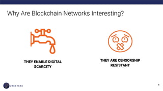 Why Are Blockchain Networks Interesting?
THEY ENABLE DIGITAL
SCARCITY
THEY ARE CENSORSHIP
RESISTANT
 
