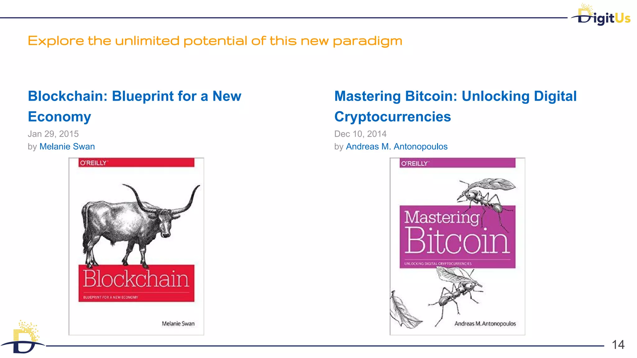 Explore the unlimited potential of this new paradigm
14
14
Blockchain: Blueprint for a New
Economy
Jan 29, 2015
by Melanie Swan
Mastering Bitcoin: Unlocking Digital
Cryptocurrencies
Dec 10, 2014
by Andreas M. Antonopoulos
 