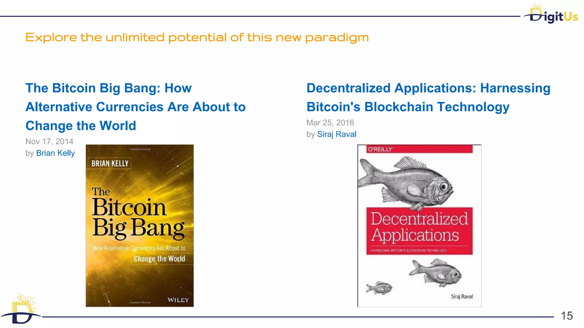Explore the unlimited potential of this new paradigm
15
15
The Bitcoin Big Bang: How
Alternative Currencies Are About to
Change the World
Nov 17, 2014
by Brian Kelly
Decentralized Applications: Harnessing
Bitcoin's Blockchain Technology
Mar 25, 2016
by Siraj Raval
 
