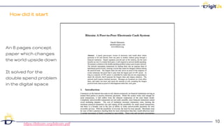 How did it start
10
10
https://bitcoin.org/bitcoin.pdf
An 8 pages concept
paper which changes
the world upside down
It solved for the
double spend problem
in the digital space
 