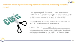 What can be the impact: Reducing transactions costs, increasing economic
output
12
12
The Copenhagen Consensus: : Trade Barriers is #1
problem in the world, Removing trade barriers is over 30
times more effective than any other intervention
1. secure property rights 2. efficient trade 3. division of
labor and specialization 4. network size
2. Efficient Trade A mere 0.1% reduction in transaction
costs quadruples a country’s wealth. Low transaction
costs are the fundamental driver of economic growth.
 