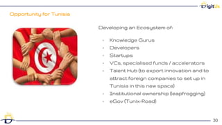 Opportunity for Tunisia
30
Developing an Ecosystem of:
- Knowledge Gurus
- Developers
- Startups
- VCs, specialised funds / accelerators
- Talent Hub (to export innovation and to
attract foreign companies to set up in
Tunisia in this new space)
- Institutional ownership (leapfrogging)
- eGov (Tunix-Road)
30
 