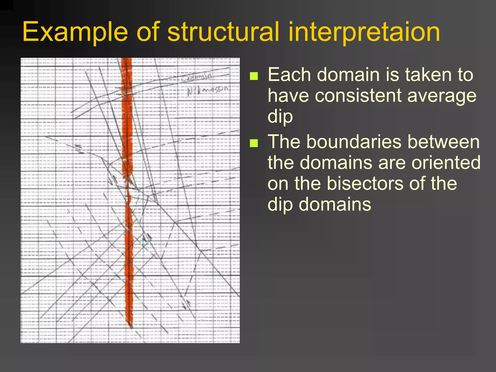 Example of structural interpretaion
 Each domain is taken to
have consistent average
dip
 The boundaries between
the domains are oriented
on the bisectors of the
dip domains
 