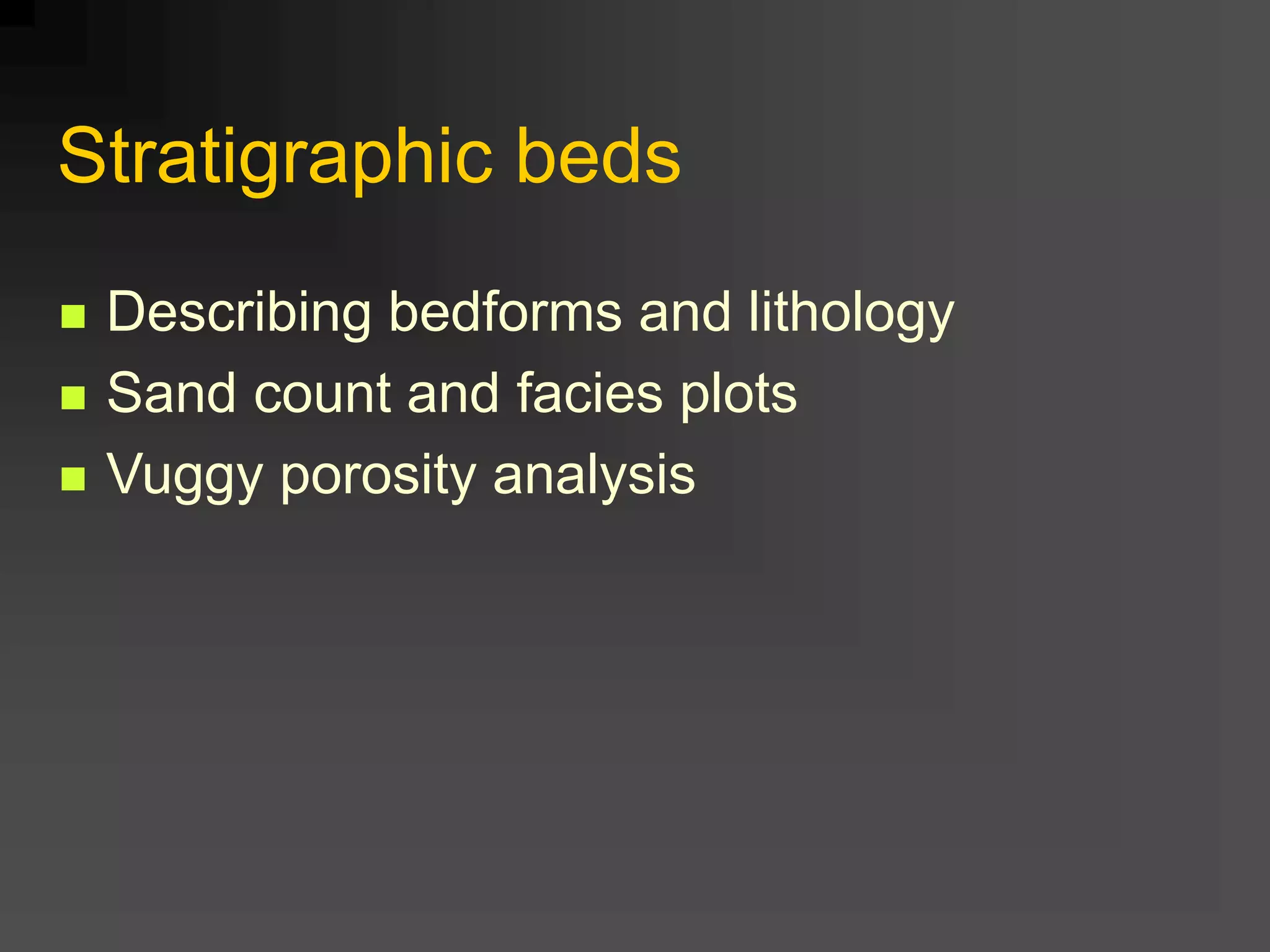 Stratigraphic beds
 Describing bedforms and lithology
 Sand count and facies plots
 Vuggy porosity analysis
 