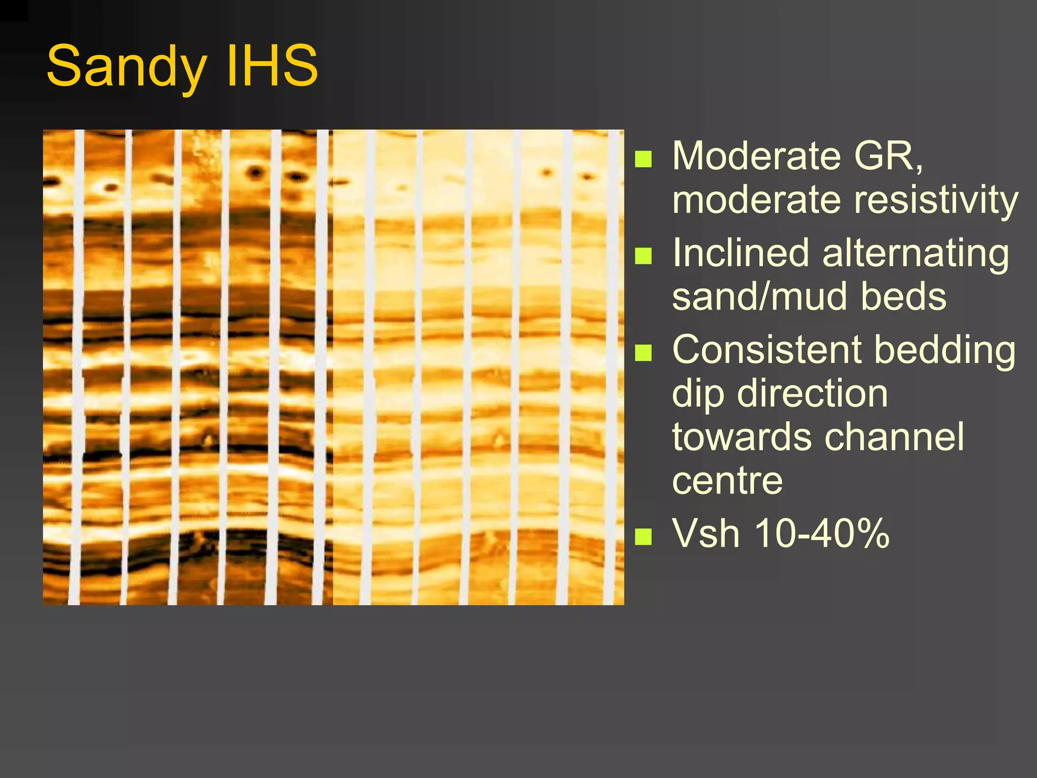 Sandy IHS
 Moderate GR,
moderate resistivity
 Inclined alternating
sand/mud beds
 Consistent bedding
dip direction
towards channel
centre
 Vsh 10-40%
 