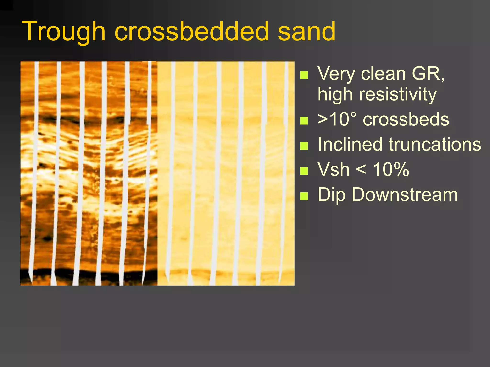 Trough crossbedded sand
 Very clean GR,
high resistivity
 >10° crossbeds
 Inclined truncations
 Vsh < 10%
 Dip Downstream
 