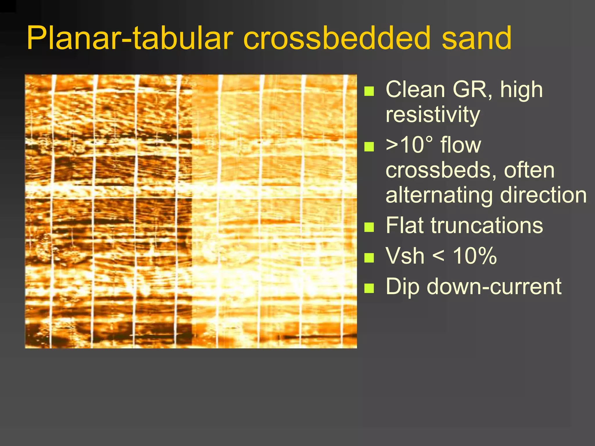 Planar-tabular crossbedded sand
 Clean GR, high
resistivity
 >10° flow
crossbeds, often
alternating direction
 Flat truncations
 Vsh < 10%
 Dip down-current
 