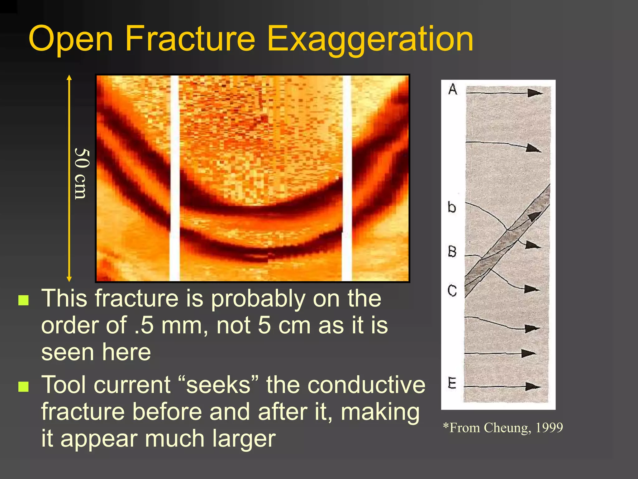 Open Fracture Exaggeration
50cm
 This fracture is probably on the
order of .5 mm, not 5 cm as it is
seen here
 Tool current “seeks” the conductive
fracture before and after it, making
it appear much larger
*From Cheung, 1999
 