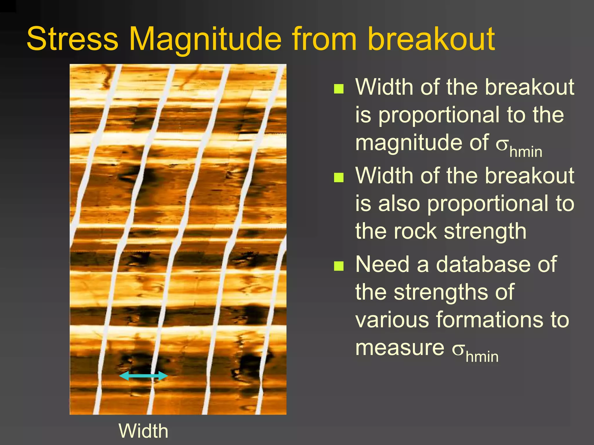 Stress Magnitude from breakout
 Width of the breakout
is proportional to the
magnitude of shmin
 Width of the breakout
is also proportional to
the rock strength
 Need a database of
the strengths of
various formations to
measure shmin
Width
 