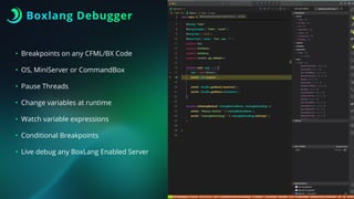 Boxlang Debugger
• Breakpoints on any CFML/BX Code
• OS, MiniServer or CommandBox
• Pause Threads
• Change variables at runtime
• Watch variable expressions
• Conditional Breakpoints
• Live debug any BoxLang Enabled Server
 