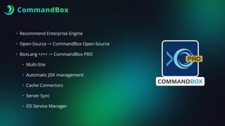 CommandBox
• Recommend Enterprise Engine
• Open-Source -> CommandBox Open-Source
• BoxLang +/++ -> CommandBox PRO
• Multi-Site
• Automatic JDK management
• Cache Connectors
• Server Sync
• OS Service Manager
 