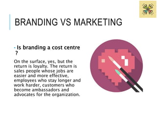BRANDING VS MARKETING 
• Is branding a cost centre 
? 
On the surface, yes, but the 
return is loyalty. The return is 
sales people whose jobs are 
easier and more effective, 
employees who stay longer and 
work harder, customers who 
become ambassadors and 
advocates for the organization. 
 