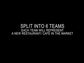 SPLIT INTO 6 TEAMS 
EACH TEAM WILL REPRESENT 
A NEW RESTAURANT/ CAFÉ IN THE MARKET 
 