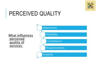 PERCEIVED QUALITY 
What influences 
perceived 
quality of 
services: 
Appearance 
Reliability 
Competence 
Responsiveness 
Empathy 
 