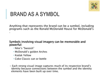 BRAND AS A SYMBOL 
Anything that represents the brand can be a symbol, including 
programs such as the Ronald McDonald House for McDonald’s 
. 
Symbols involving visual imagery can be memorable and 
powerful: 
 Nike’s “Swoosh” 
 McDonald’s golden Arches 
 Kodak Yellow 
 Coke Classic can or bottle 
- Each strong visual image captures much of its respective brand’s 
identity because connections between the symbol and the identity 
elements have been built up over time. 
 