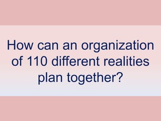 How can an organization
of 110 different realities
plan together?
 