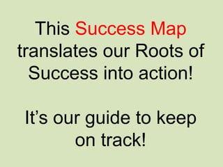 This Success Map
translates our Roots of
Success into action!
It’s our guide to keep
on track!
 