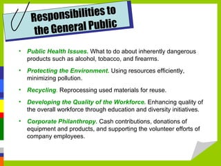 ibilities to
Respons
eral Public
the Gen
• Public Health Issues. What to do about inherently dangerous
products such as alcohol, tobacco, and firearms.
• Protecting the Environment. Using resources efficiently,
minimizing pollution.
• Recycling. Reprocessing used materials for reuse.
• Developing the Quality of the Workforce. Enhancing quality of
the overall workforce through education and diversity initiatives.
• Corporate Philanthropy. Cash contributions, donations of
equipment and products, and supporting the volunteer efforts of
company employees.

 