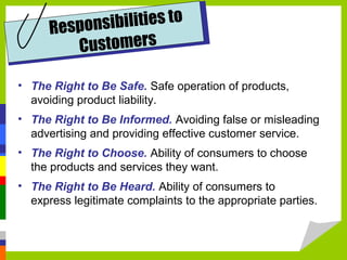 ibilities to
Respons
ustomers
C
• The Right to Be Safe. Safe operation of products,
avoiding product liability.
• The Right to Be Informed. Avoiding false or misleading
advertising and providing effective customer service.
• The Right to Choose. Ability of consumers to choose
the products and services they want.
• The Right to Be Heard. Ability of consumers to
express legitimate complaints to the appropriate parties.

 