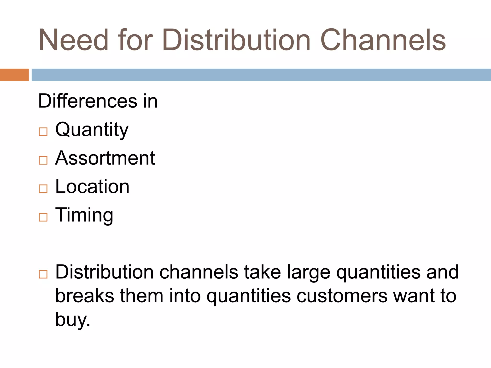 Need for Distribution ChannelsDifferences in QuantityAssortmentLocationTimingDistribution channels take large quantities and breaks them into quantities customers want to buy.