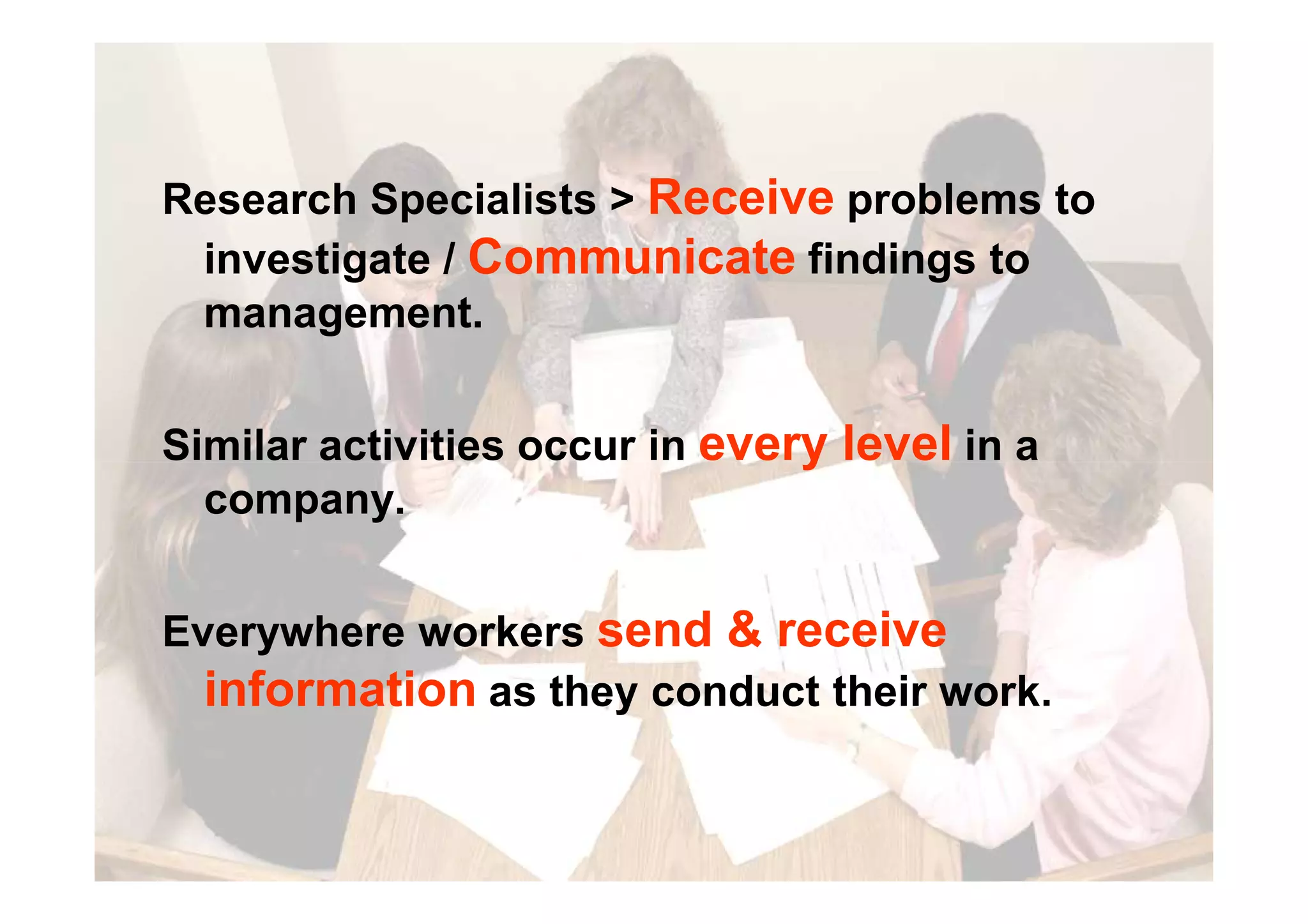 Research Specialists > Receive problems to
investigate / Communicate findings to
management.
Similar activities occur in every level in aSimilar activities occur in every level in a
company.
Everywhere workers send & receive
information as they conduct their work.
 