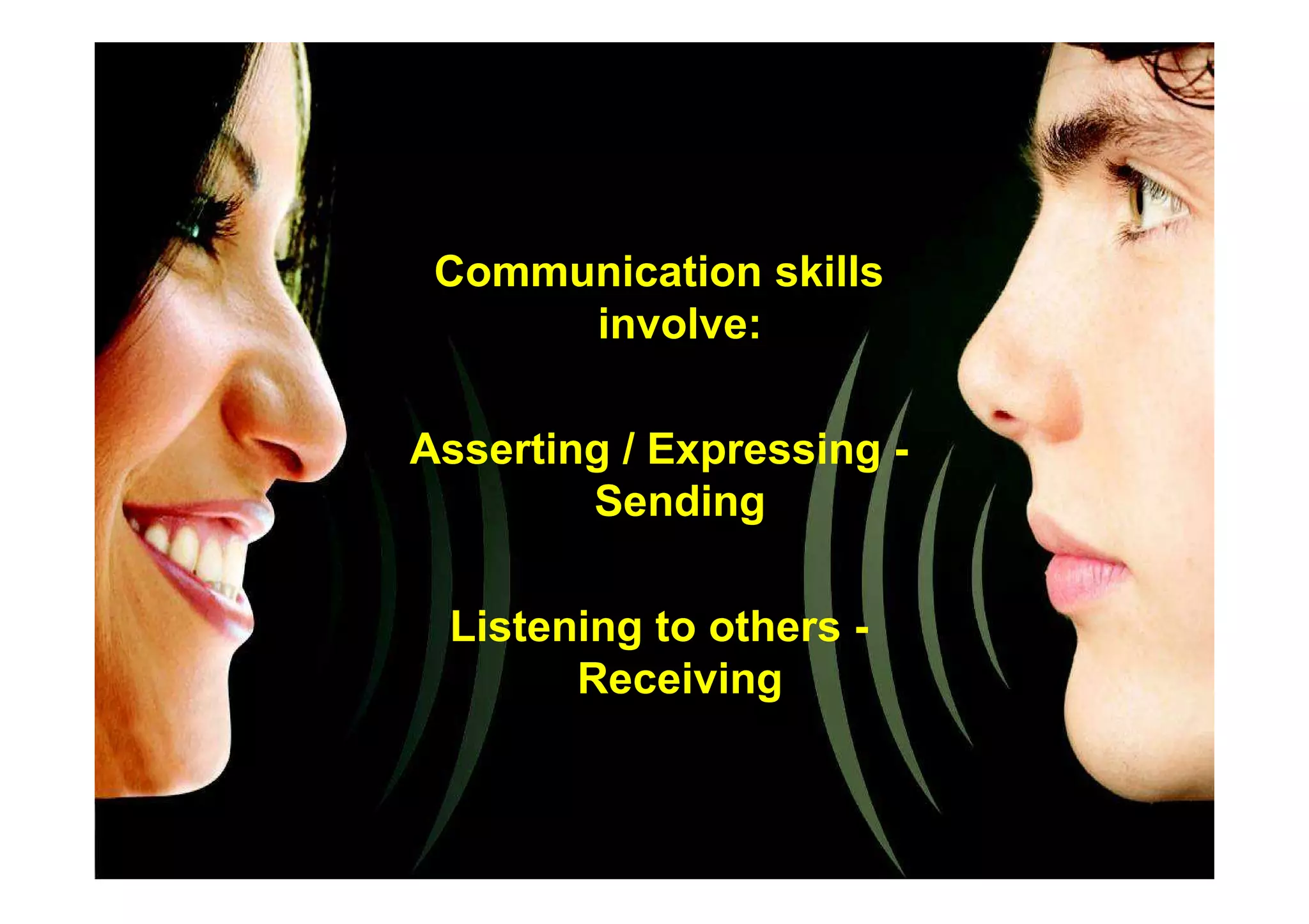 Communication skills
involve:
Asserting / Expressing -Asserting / Expressing -
Sending
Listening to others -
Receiving
 