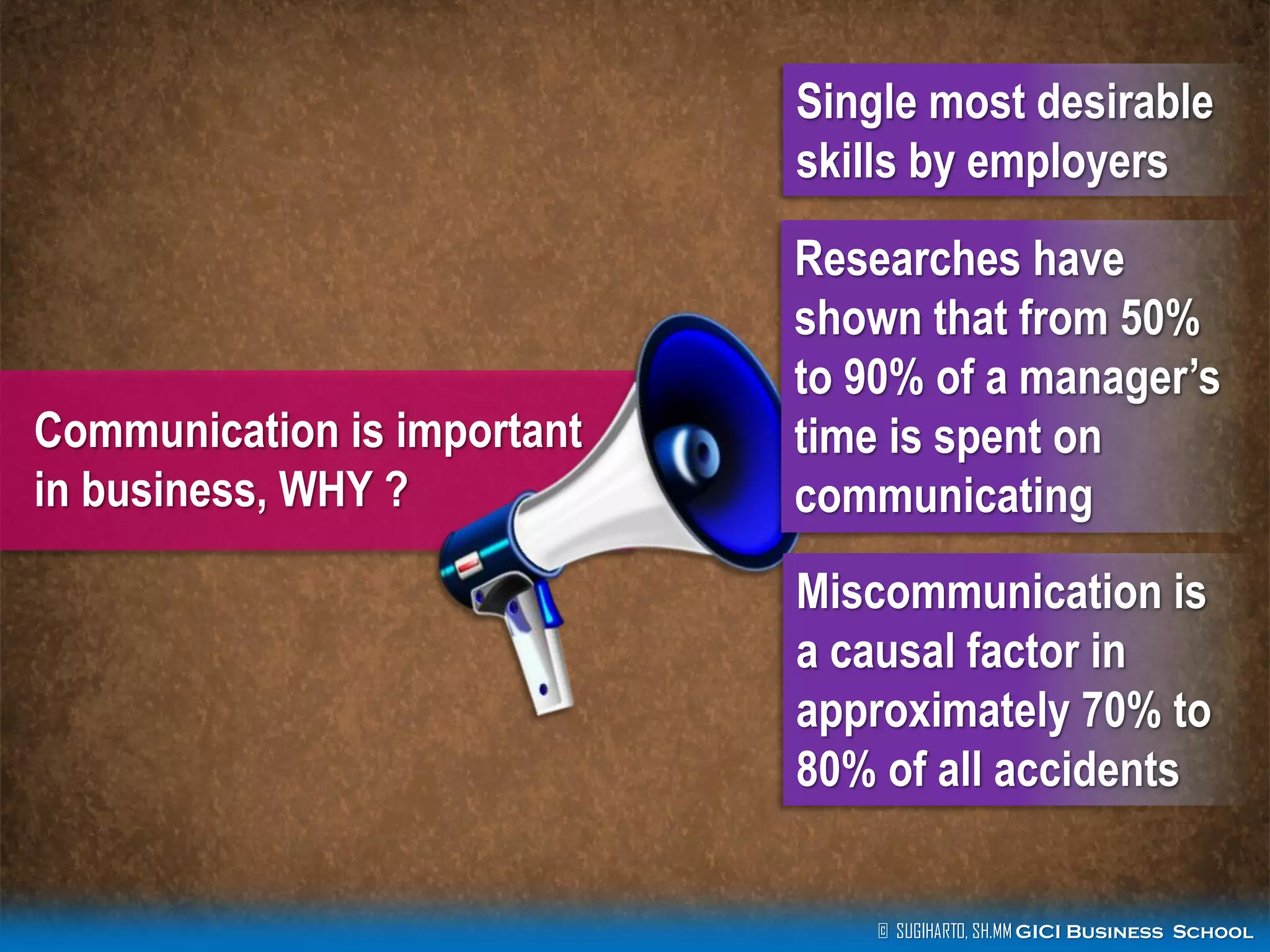 © SUGIHARTO, SH.MM GICI Business School
Single most desirable
skills by employers
Communication is important
in business, WHY ?
Researches have
shown that from 50%
to 90% of a manager’s
time is spent on
communicating
Miscommunication is
a causal factor in
approximately 70% to
80% of all accidents
 