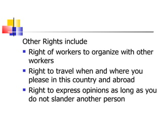 Other Rights include Right of workers to organize with other workers Right to travel when and where you please in this country and abroad Right to express opinions as long as you do not slander another person 