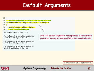 30
29
30 // function boxVolume calculates the volume of a box
31 int boxVolume( int length, int width, int height )
32 {
33 return length * width * height;
34 } // end function boxVolume
The default box volume is: 1
The volume of a box with length 10,
width 1 and height 1 is: 10
The volume of a box with length 10,
width 5 and height 1 is: 50
The volume of a box with length 10,
width 5 and height 2 is: 100
Note that default arguments were specified in the function
prototype, so they are not specified in the function header
Default Arguments
Systems Programming Introduction to C++
 